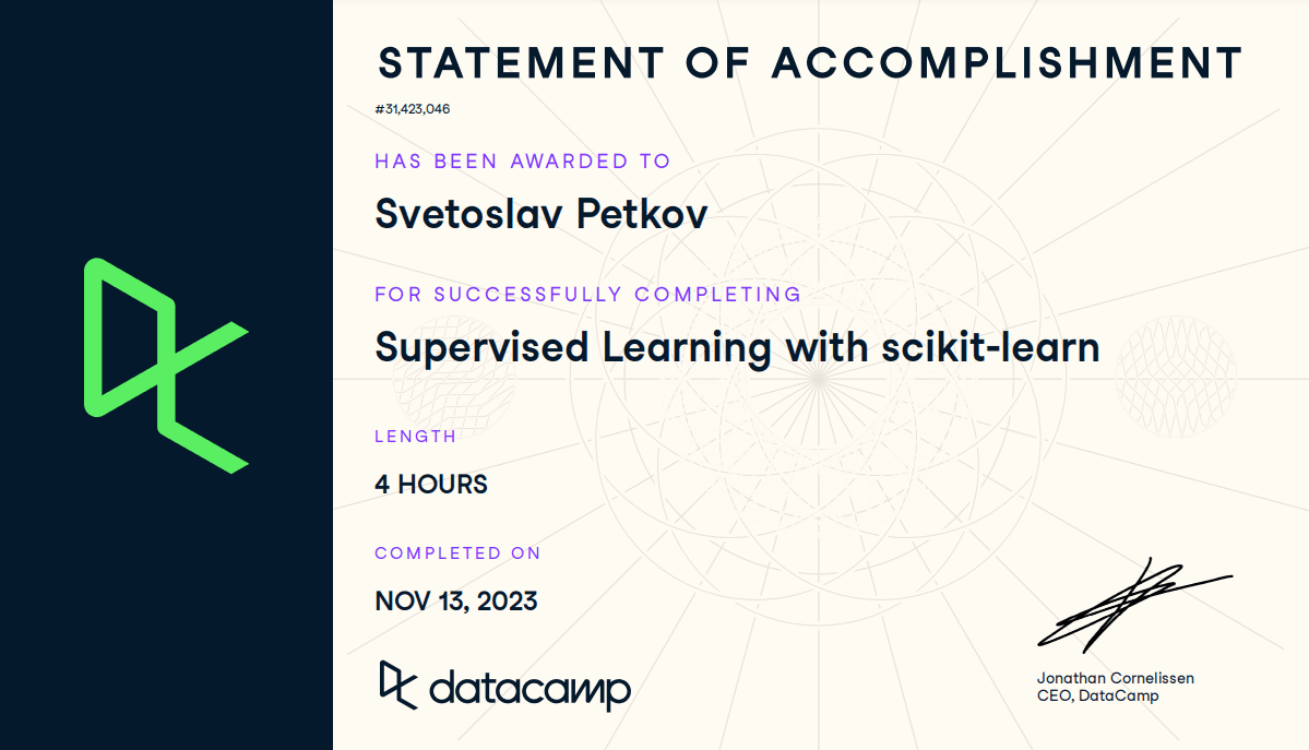 Supervised Learning with scikit-learn certificate